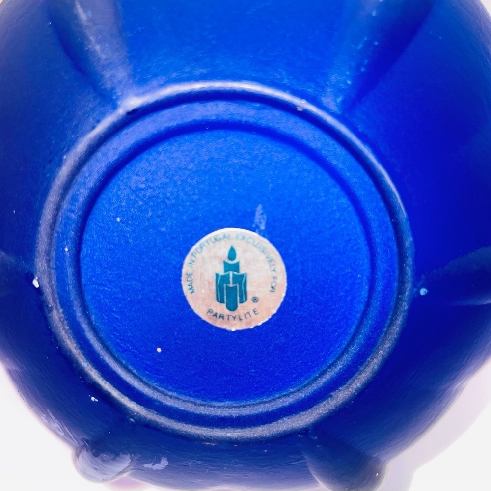 Partylite Cobalt Blue White Frosted Glass Lotus Flower Candle Holder Bowl 4.5” - Picture 8 of 11